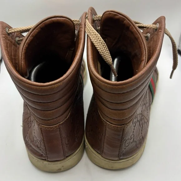 Gucci Guccissima High Top Sneakers Brown Leather Web Stripe Men’s 10.5 - Picture 6 of 13